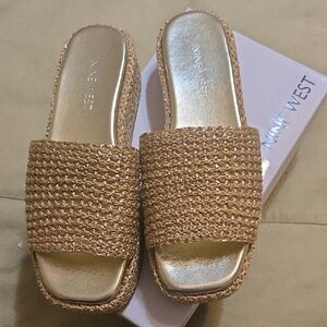 Nine West Gold and Tan Woven Mules